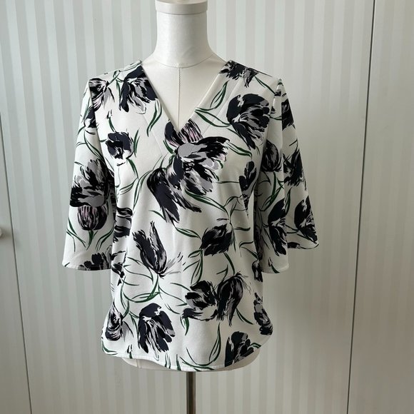 Ann Taylor Tops - Ann Taylor White with black/grey/green flowers blouse Size S